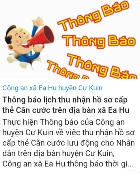 Thông báo lịch làm căn cước cho cán bộ, công chức, viên chức và người lao động; làm căn cước,  giấy chứng nhận căn cước cho công dân trên địa bàn xã Ea Hu